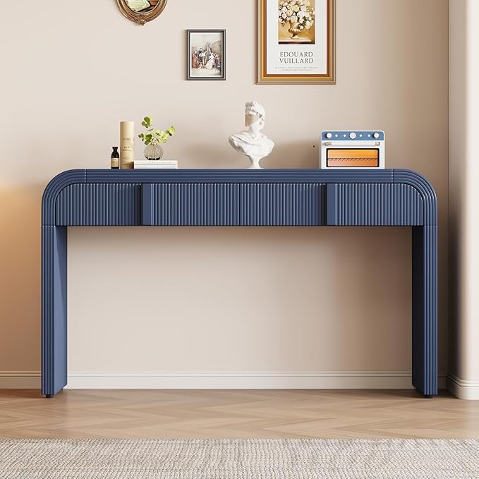 55'' Fluted Console Table with Storage Drawers, Wood Modern Curved Entryway Table with Storage for EntryWay, Hallway, Foyer (Navy Blue)