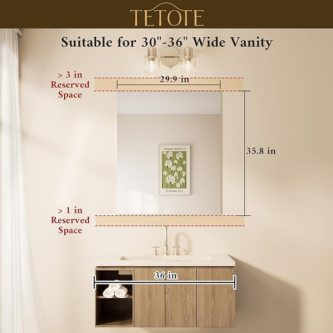 TETOTE Frameless Bathroom Mirrors 30" x 36" Frameless Mirror Bathroom Vanity Mirror for Bedroom, Living Room, Entryway, Gym, Horizontal/Vertical