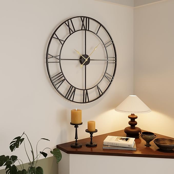 30 Inch Large Wall Clock, Modern Decorative Wall Clocks Silent Non Ticking Battery-Operated, Black Metal Round Clock for Living Room Kitchen Office Mantel - Roman Number