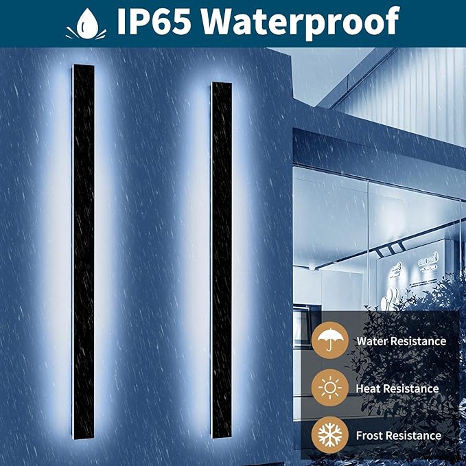 2 Pack 71inch Exterior Wall Light Fixture, 6000K Cold White Modern Long Outdoor Wall Sconce, IP65 Waterproof, 60W, Black Minimalist Outside LED Strip Lights for Garage, Patio, Balcony, Fence