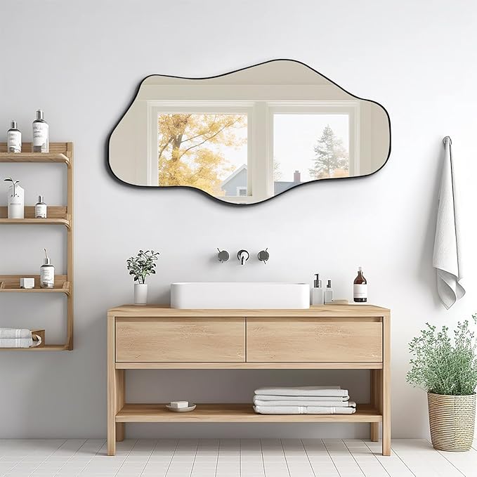 Irregular Wall Mirror, 47"x25" Large Asymmetrical Mirrors, Cloud Shaped Mirror with Metal Frame, Modern Abstract Mirrors for Living Room Bathroom Bedroom Hallway Entryway Fireplace