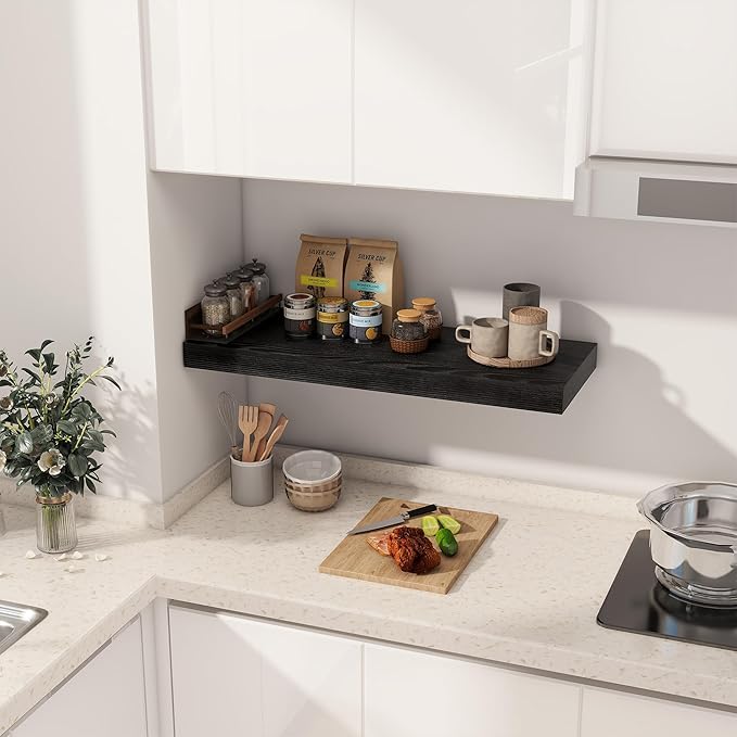 Fun Memories Black Floating Shelves 30" W x 12" D, 12 Inch Deep Floating Shelf for Books, Bathroom, Living Room, Rustic Wood Wall Shelves, 2 Inch Thicked Storage Shelf for Home Storage, Set of 2