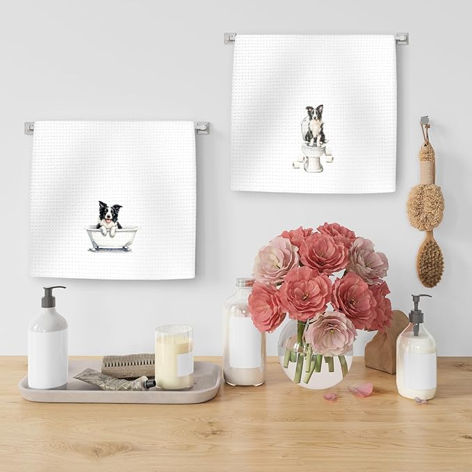 Funny Border Collie Dog Hand Towels Set of 2, Gifts for Border Collie Dog Owners Lovers, Cute Puppy Pet Decor for Bathroom, Funny Pet Lovers Toilet Hand Towels for Bathroom Washroom, 16x24In
