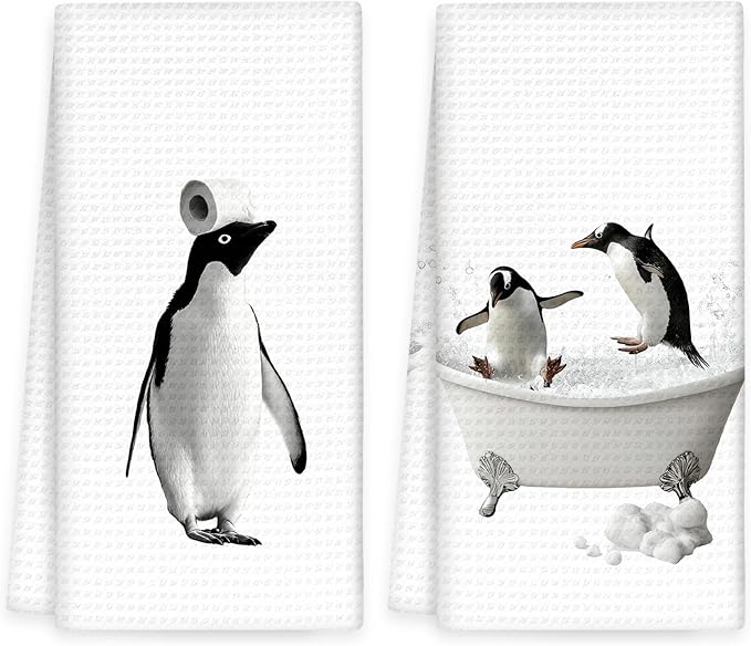 Funny Penguin Hand Towels Set of 2, Funny Penguins Take a Bath Hand Towels for Bathroom Washroom Restroom, Penguin Decor Gifts for Kids, Cute Penguins Kids Nursey Bathroom Decor, 16x24In