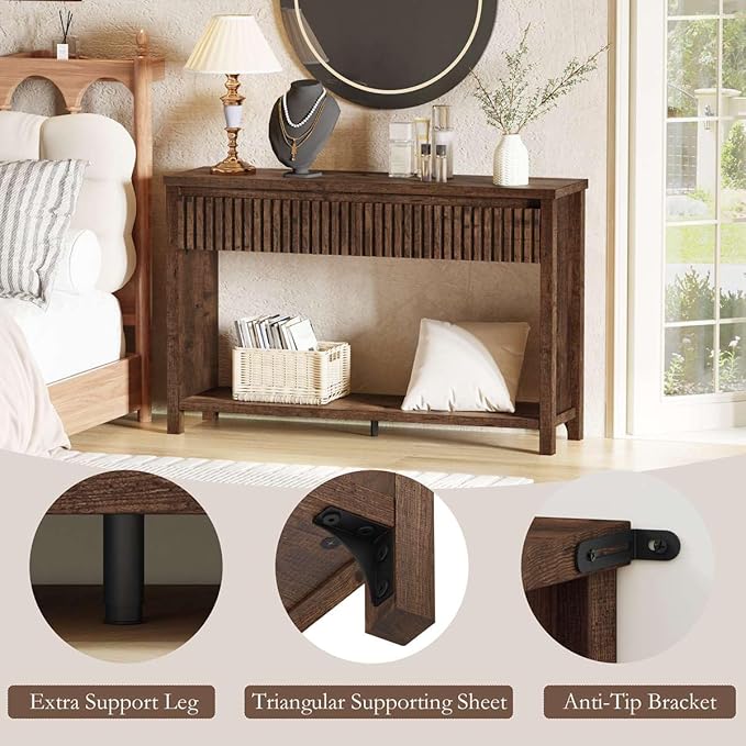 BON AUGURE Console Table with 2 Drawers, 47In Entryway Table with Storage, Sofa Tables with Two-Tier Shelf, Narrow Farmhouse Fluted Couch Tables for Living Room, Rustic Oak