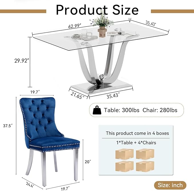 70" Modern Silver Glass Dining Table Set for 4, 5-Piece Rectangle Kitchen Dining Room Table Set with Steel Base & 4 Blue Velvet Upholstered Chairs, Modern Glass Kitchen Table and Chairs Set of 4