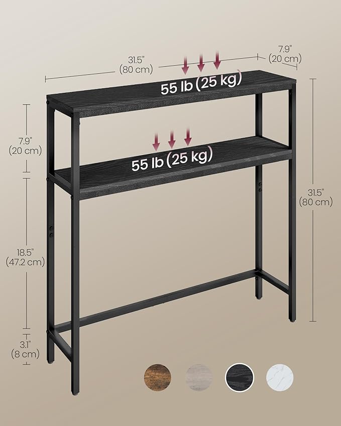 VASAGLE Console Table, 2-Tier Narrow Sofa Table with 2 Shelves, 7.9 x 31.5 x 31.5 Inches, for Living Room, Hallway, Entryway, Charcoal Gray and Ink Black ULNT130B22V1