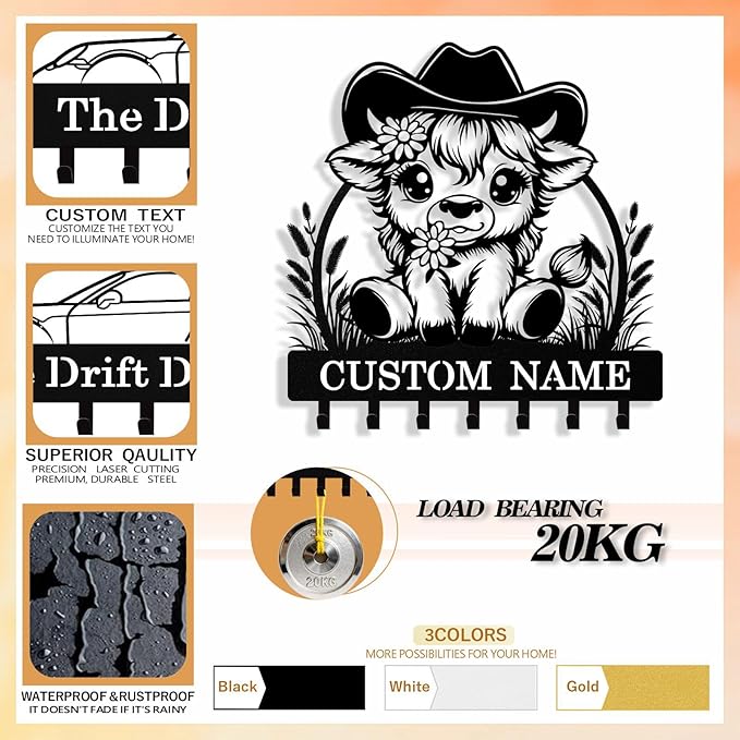 Personalized Key Holder Wall Mount, Custom Metal Highland Cow Keys Holder for Wall with Name, Wall Key Hanger Rack with Hooks for Entryway, Front Door, Living Room, Kitchen, Bathroom, Garden