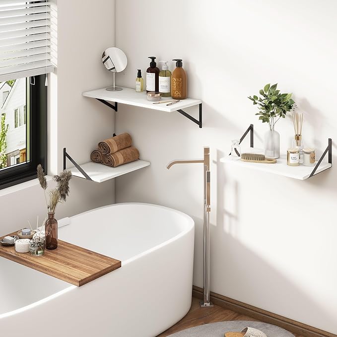 Fun Memories White Floating Shelves 18 Inch Long, Rustic Floating Shelf with Brackets, 12 Inch Deep Wall Shelves, White Bathroom Shelves, 18 x 12 Storage Shelf for Kitchen, Living Room, Set of 2