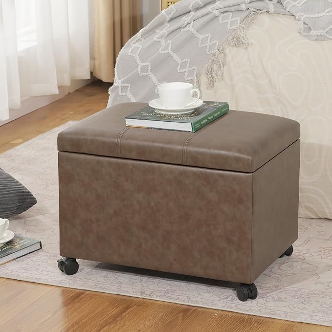 Joveco 24" Linen Storage Ottoman Bench with Wheels, Rectangle Foot Rest Stool for Living Room, Bedroom, Entryway, Earthy Light Brown Veining