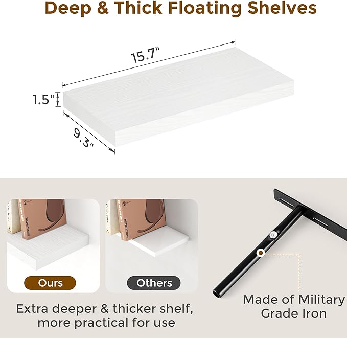 Fun Memories Floating Shelves 16 Inch Long, Wall-Mounted Bathroom Shelves Set of 2, 9.3 Inch Deep Shelf for Home Storage & Display, Wooden Deep Wall Shelves for Bedroom, Living Room, Kitchen, White