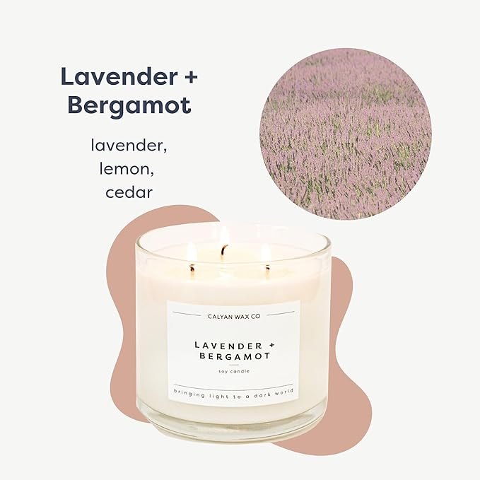 Calyan Wax Co. Lavender & Bergamot 3 Wick Scented Candle - 43 Hour Burn - Luxury 3 Wick Soy Candles - Non Toxic Soy Wax Candles - Long Lasting Large Glass Jar Candle for Home - 14.9oz