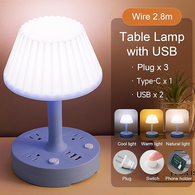 Table Lamp with USB Port and Outlet, Small Desk Lamp for Bedroom, 3-Colors Dimmable LED Lamps Eye Care Night Stand Lights, USB Charging Desk Lights for Home Office/Living Room