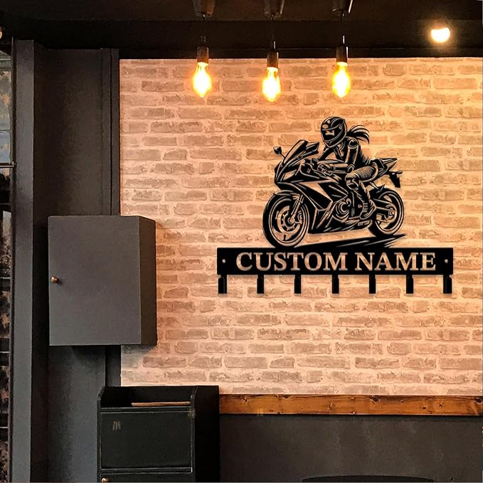 Personalized Custom Name Motorcycle Keys Hooks,Metal Motorcycle Art Clothes Keys Hooks,Metal Motorcycle Lover Wall Home Storage Decorative Keys Hooks,Key Holder Hooks for Wall (Style L)