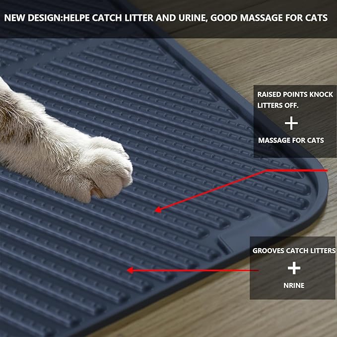 Silicone Cat Litter Mat, Scratch-Resistant Litter Trapping Mat, Waterproof & Non-Slip Litter Box Mat, Highly Effective for Collecting Litter (Grey, 24x15x0.26 in)
