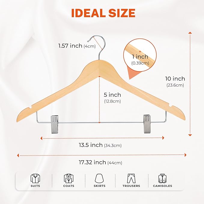 HOUSE DAY 24 Pack High-Grade Wooden Suit Hangers Skirt Hangers with Clips Solid Wood Pants Hanger Natural Smooth Finish Premium Wood Hanger with Durable Metal Clips for Blouse, Dress, Coat, Jacket