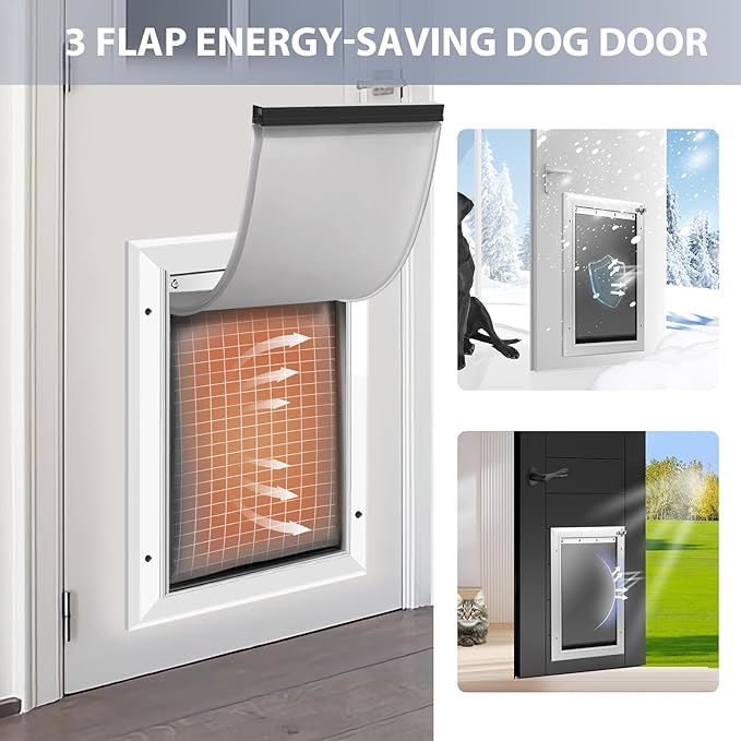[Petoasis] Heavy Duty Aluminum Dog Door with Lock,3 Flap Insulated Doggie Doors with Installation Manual,Durable and Rust Resistant, Patent: USD1057087S, (Silvery White, Large for Door)
