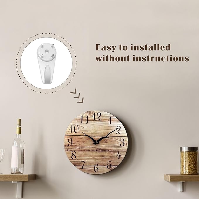 Plumeet Wall Clock, 12'' Frameless Wooden Wall Clocks with Silent Quartz Movement, Rustic Country Village Walnut Clocks Decorative for Kitchen Bedroom Living Room, Brown