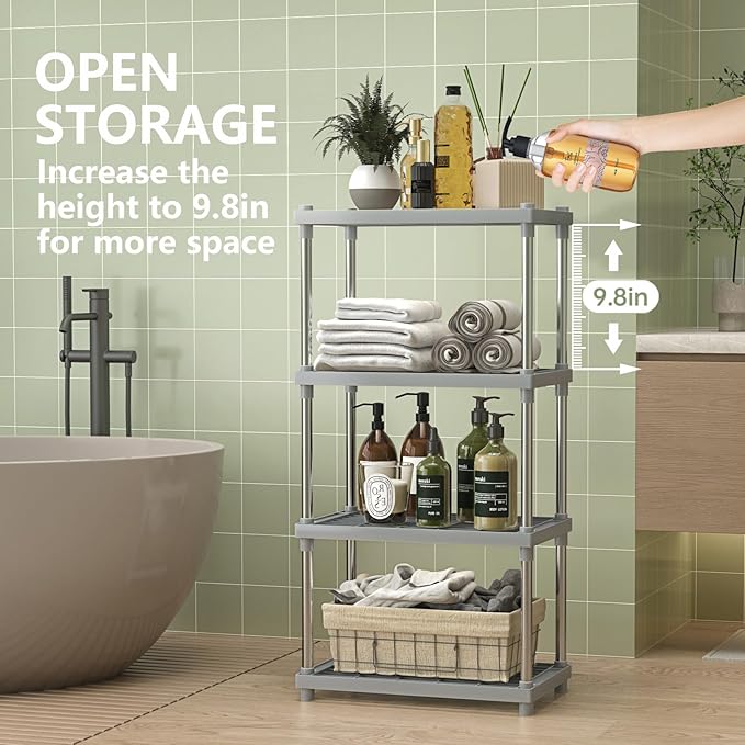 4 Tier Gray Plastic and Metal Standing Shelf Units, Durable Storage Shelves Rack Open Shelving for Pantry Kitchen Bathroom,13MM Steel Tubes
