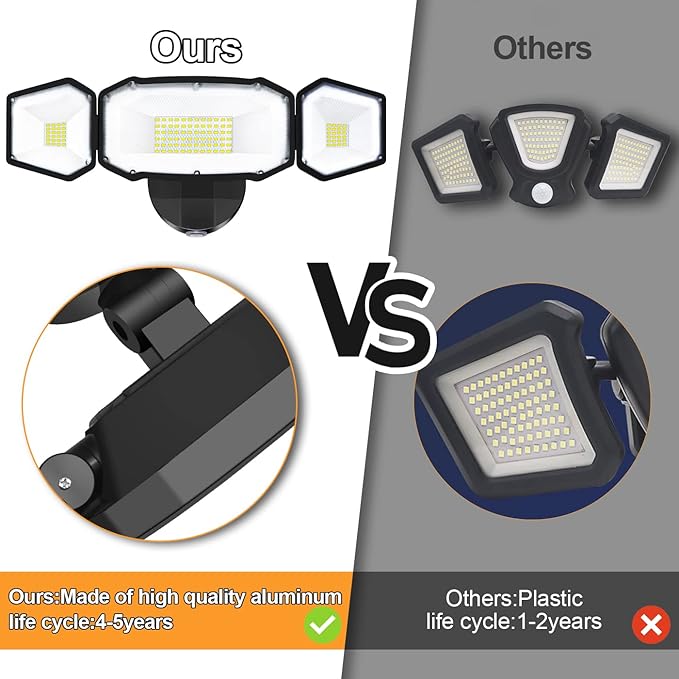 Outdoor Security Light, 5000LM Super Bright Flood Lights, 270° Wide Angle Exterior Lights with 3 Adjustable Heads, IP65 Waterproof, 5000K Wall Mount Aluminum Light for Porch, Garage, Backyard