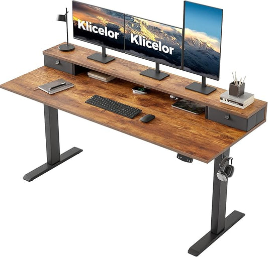 Klicelor 63 Inch Electric Standing Desk with Drawers, Adjustable Height Small Sit Stand Desk for Home Office, Compact Computer Workstation with Storage– Rustic Brown