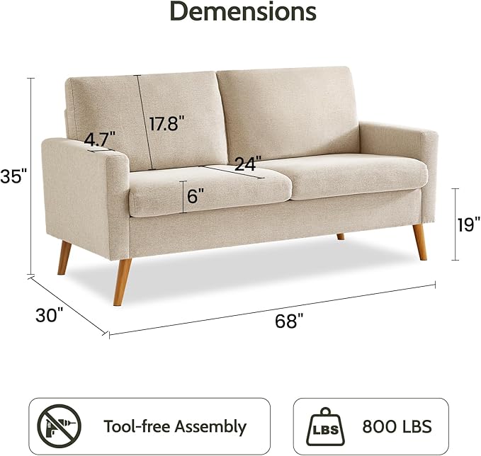 WEUP 68" Loveseat Sofa Oatmeal Linen Couch, Mid Century Modern Love Seat Couches for Living Room, Small Loveseat for Bedroom Office, Comfy Sofa with Spring Cushion, Solid Wood, Tool-Free Assembly
