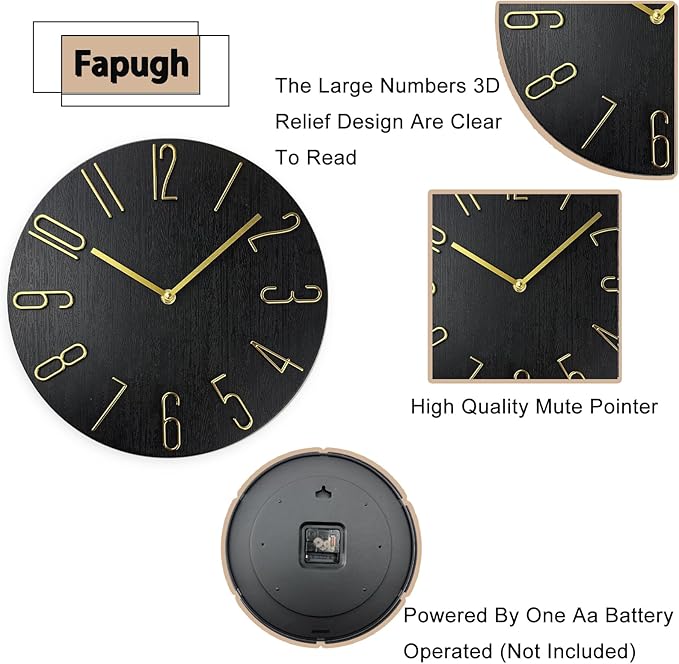 Wall Clock, Silent Clock, Wall Clocks Battery Operated， 12 inch Modern Wall Clock, Suitable for Offices, Living Rooms, Kitchens, Homes, Schools (Black Without Second Hand)