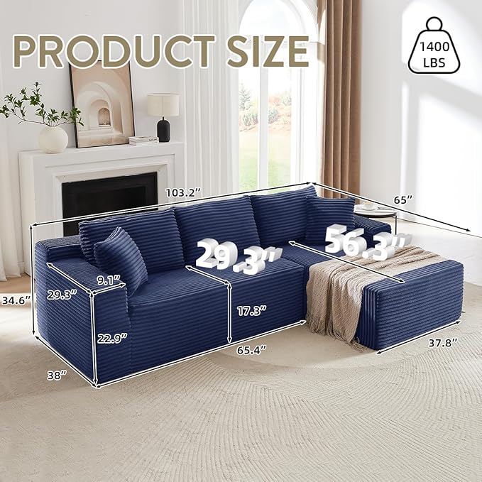 Modular Cloud Sectional Couch with L-Shape Chaise,Modern Upholstered Couches with Deep Seat,Corduroy Sponge Compressed Sofa for Living Room, Bedroom,No Assembly Required (Blue)