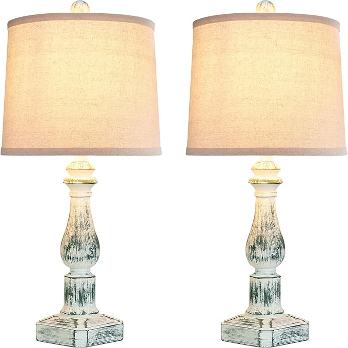 RORIANO 23'' Set of 2 Rustic Table Lamps for Bedroom Living Room, Traditional Farmhouse Resin Desk Lamps, Washed Green Retro Nightstand Lamps for Home Office Entryway, 2 Bulbs Included