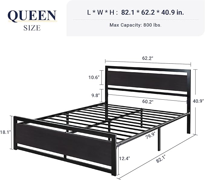 Allewie Queen Bed Frame with Headboard, Heavy Duty Metal Platform Base with Strong Support, Underneath Storage Space, Stable Mattress Foundation, No Box Spring Needed, Black