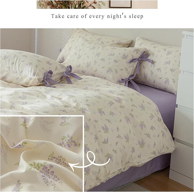 Purple Duvet Cover Set Twin XL 3 Pieces Lavender Flower Duvet Cover Girls Cottagecore Bedding Set 100% Cotton Vintage Floral Comforter Cover Cute Flower Botanical Duvet Cover with Zipper Closure