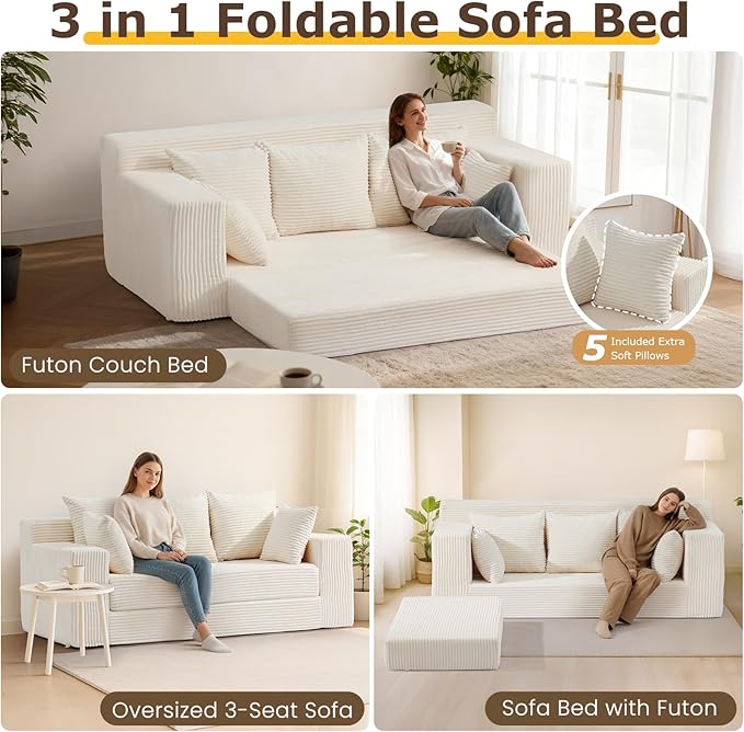 3 Seater Boneless Couch for Living Room, Convertible Futon Sofa Bed Comfy Pull Out Couch with 5 Pillows & Detachable Washable Cover, Upholstered Floor Sofa in A Box, No Assembly Required, Beige
