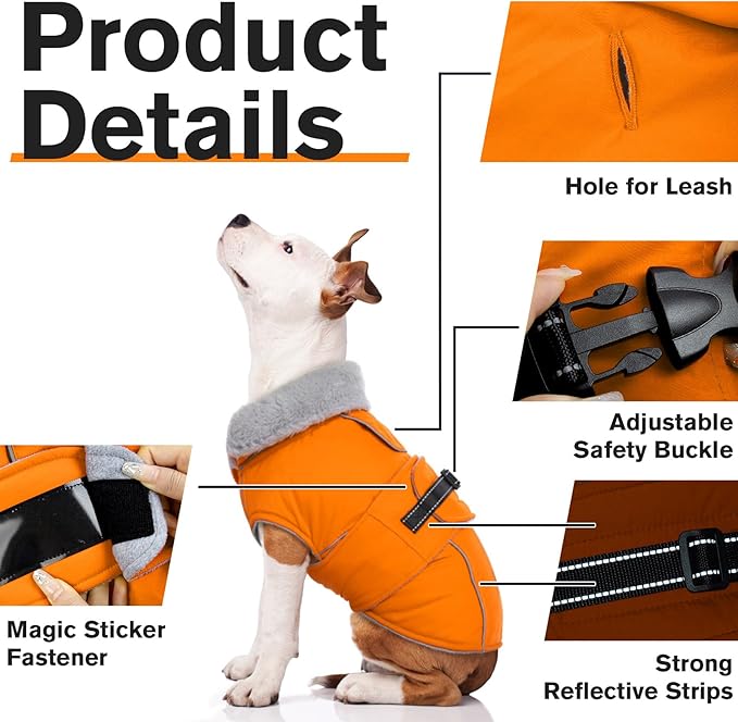 Lelepet Warm Dog Coat Reflective Fleece Vest Waterproof Dog Jacket with Adjustable Buckle Hook & Loop Windproof Cold Weather Coats for Small Medium Large Dogs, Orange, XXXL