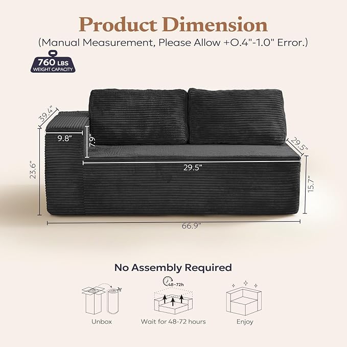 Loveseat Sofa, Cloud Modular Sofa Couch, Upholstered Floor Sofa with Deep Seat, Upholstered Foam Couch for Bedroom Living Room, No Assembly Required (Plush Corduroy Fabric, Black)