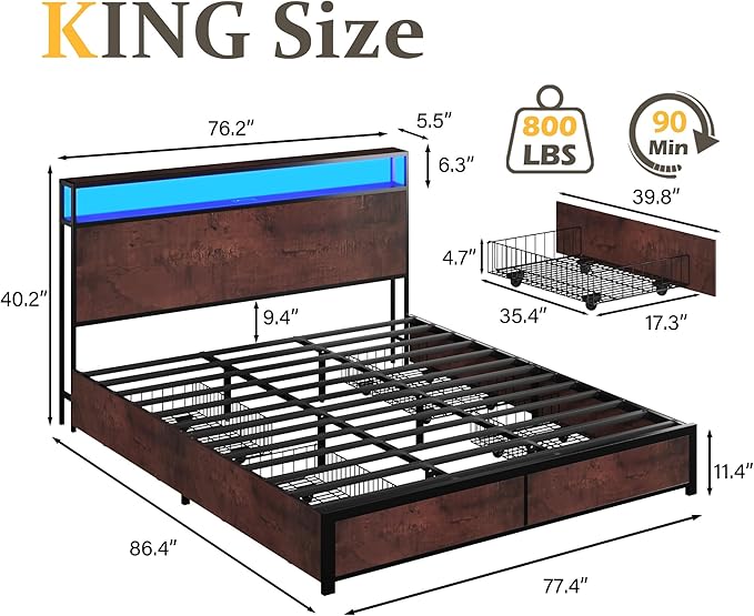 Lifezone King Bed Frame with 2-Tier Storage Headboard, Metal Platform Bed Frame with 4 Storage Drawers, Built in Charging Station & LED, Noise-Free/Metal Support/No Box Spring Needed, Coffee Brown