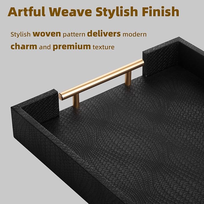 2 Piece Woven Leather Ottoman Tray with Gold Handles, Perfect Rectangular Serving Tray for Living Room, Coffee Table Tray as Thoughtful Gift for Home Decor Enthusiasts (Black)