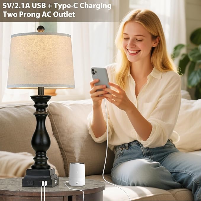 28" Farmhouse Table Lamps Set of 2 with USB C+A Ports and AC Outlet, 3 Way Touch Tall Vintage Bedside Lamp for Living Room, Black Rustic Nightstand Lamp for Bedroom Office
