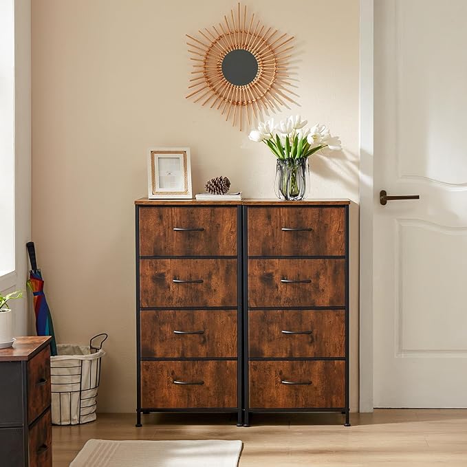 DUMOS Nightstand with 4 Drawers Bedside Table with Removable Fabric Bins Sturdy Steel Frame Wood Top Organizer Furniture for Bedroom Closet Living Room