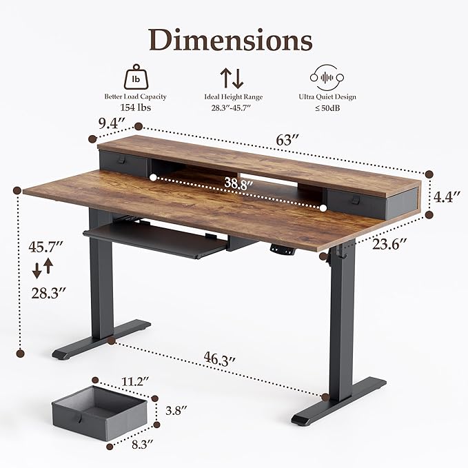 Klicelor 63 Inch Electric Standing Desk with Drawers and Keyboard Tray, Height Adjustable Desks for Home Office, Sit Stand Up Computer Workstation with Two Pieces, Rustic Brown