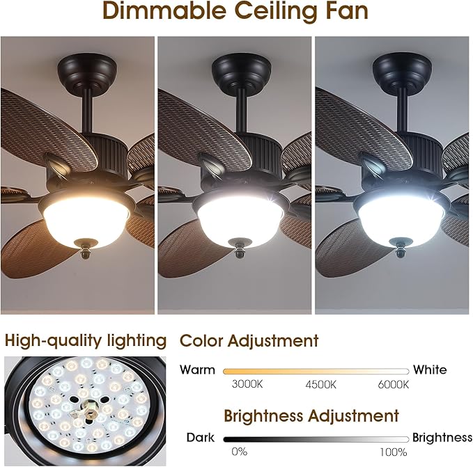 50 Inch Tropical Ceiling Fans with Lights and Remote/APP Control, Outdoor Waterproof Palm Leaf Ceiling Fan for Patios Porches, Wet Rated, Glass Lampshade, 6 Speeds, Quiet, Brown