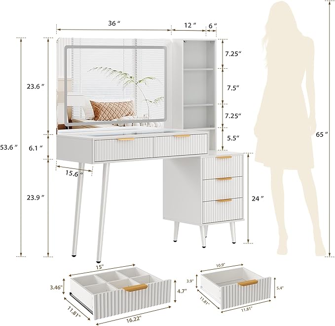 GarveeHome Fluted Makeup Vanity Desk with Lights, 48 in Big Vanity with Glass Top and Large 36" HD Lighted Mirror, Modern Dressing Table with 5 Drawers 3-Tier Shelves Set w/Charging Station (White)