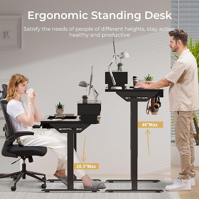 GTPLAYER Electric Standing Desk with Drawers, 48 x 24 Inch Height Adjustable Gaming Desk with Monitor Stand, Power Outlets & LED Lights, Home Office Sit Stand Up Desk with Memory Preset (Black)