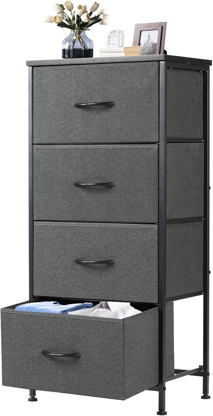 DUMOS Nightstand with 4 Drawers Bedside Table with Removable Fabric Bins Sturdy Steel Frame Wood Top Organizer Furniture for Bedroom Closet Living Room