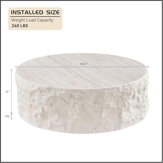 Round Fiberglass Coffee Table for Living Room,15.75 Inch Side Table for Bedroom,Modern Design Imitation Stone End Table for Apartment,No Need Assembly,Beige
