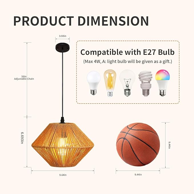 10''Natural Rattan Chandelier Pendant Lights -Small Farmhouse Boho Rattan Hanging lamp with Included E27 Bulb, 120V Wicker Pendant Lamps for Dining Room Kitchen Bedroom Living Room Island