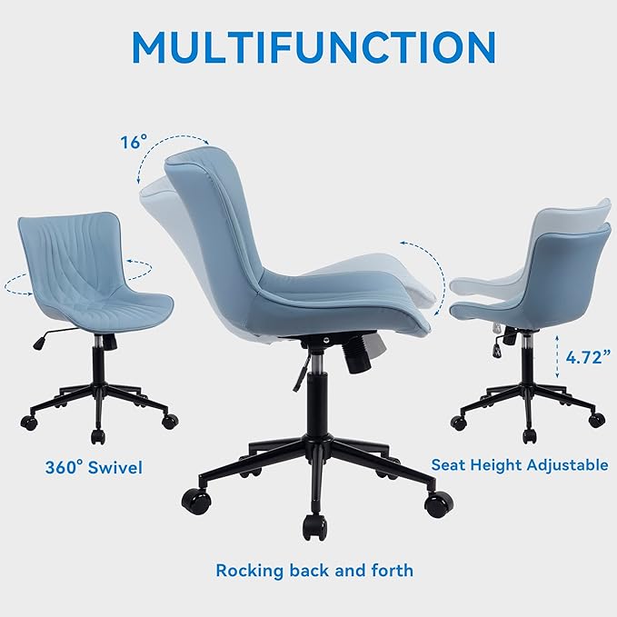 YOUNIKE Office Chair, Adjustable Swivel Armless Desk Chair with Wheels, Aesthetic Home Office Computer Task Chairs, Modern Faux Leather Upholstered Vanity Chair with Back, Blue