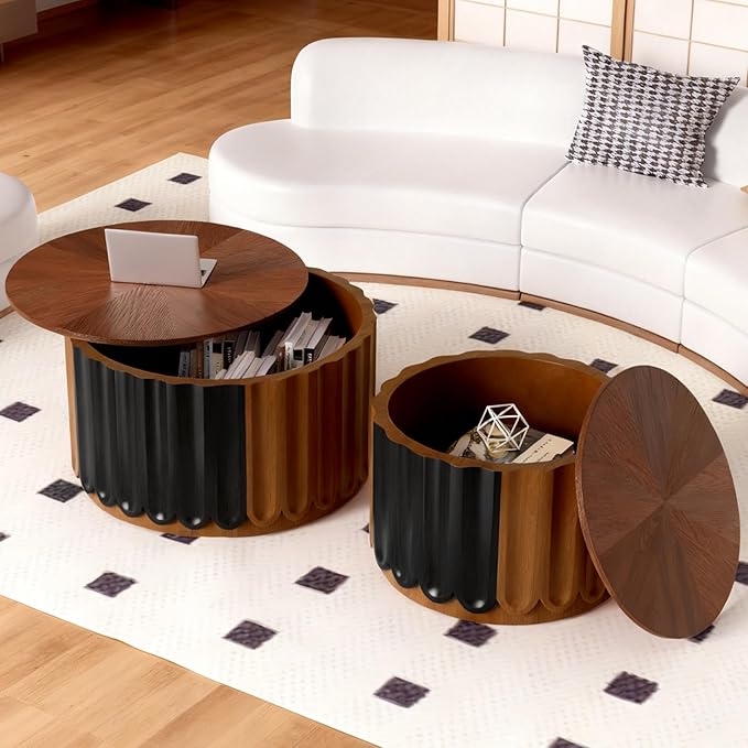 26" Round Nesting Coffee Table Set of 2 with Storage, Modern Round Wood Fluted Coffee Tables with Storage for Living Room Nesting End Table for Small Space (B Walnut)