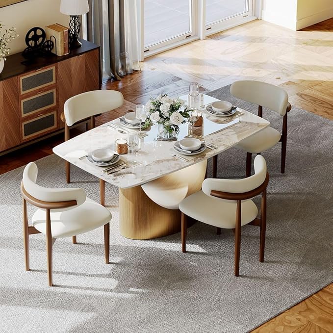 POVISON 63" Hobart Dining Table for 4, Rectangular Dining Table, Glossy Pandora Sintered Stone Tabletop with Bronze Carbon Steel Base for Dining Room (Table Only)