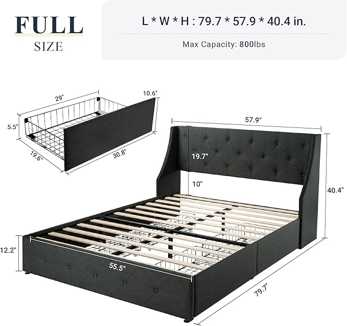 Allewie Full Size Bed Frame with 4 Storage Drawers and Wingback Headboard, Button Tufted Design, No Box Spring Needed, Dark Grey