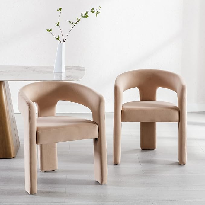 Set of 3 Modern Velvet Fabric Upholstered Dining Chairs with Open-Back, Cute Barrel Side Chairs Kitchen Armchair Accent Chairs for Dining Room Bedroom, Khaki